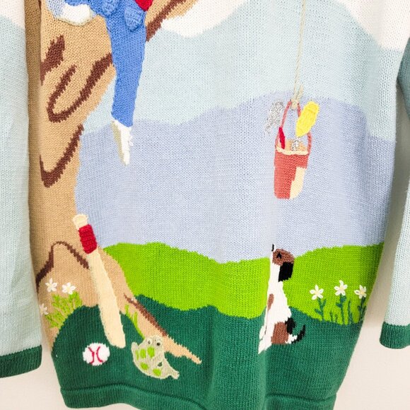 Vintage Storybook Knits Kids Playing Toys Trees Cardigan Sweater Medium - Picture 6 of 9